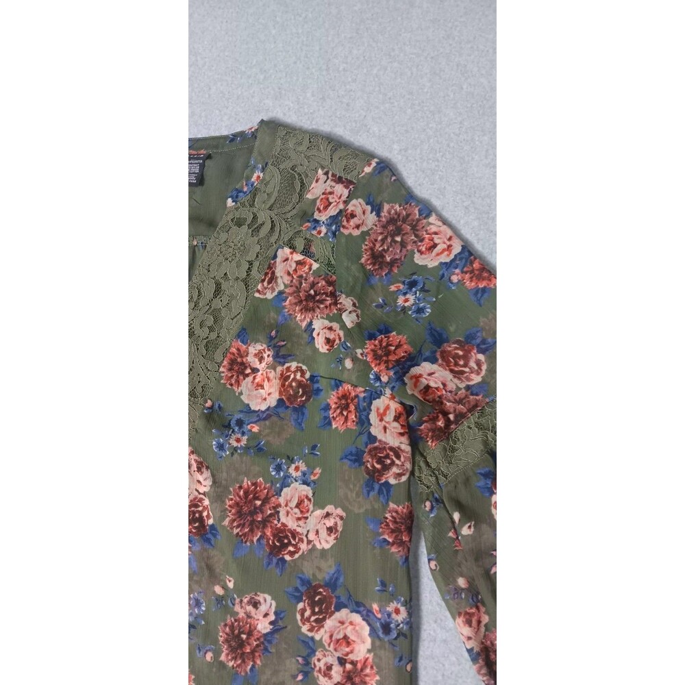 Torrid Chiffon Peasant Lace Inset Long Sleeve Blouse 1 Green Floral Cottagecore - Picture 6 of 13